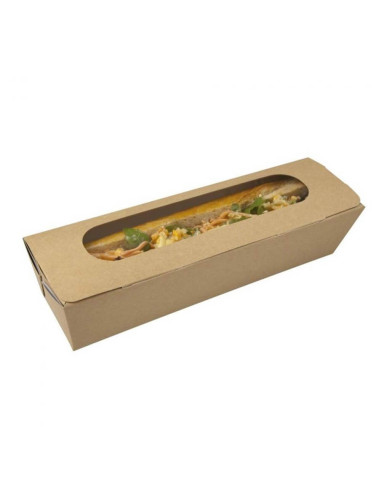 ▶️  Caja para Bocadillo kraft con ventanilla 274x80x60mm (125Uds)