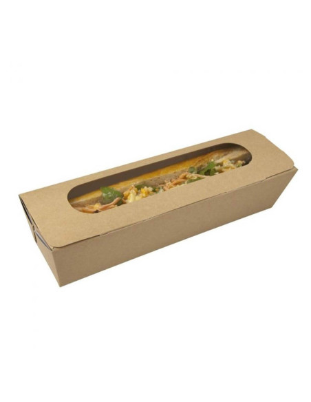 ▶️  Caja para Bocadillo kraft con ventanilla 274x80x60mm (125Uds)