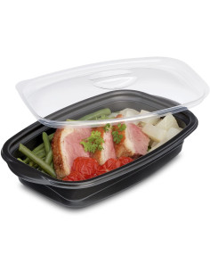 ▷ Bandeja Descartável Preta 500 cc com Tampa Transparente - Entrega em 24 h.